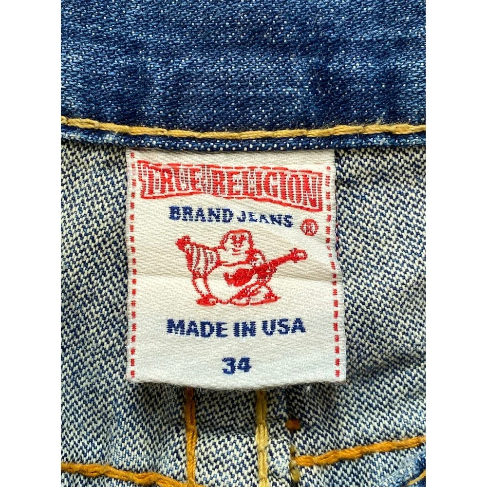 True Religion Nathan Straight Leg Jeans Mens 34x34 Blue Denim Made in USA Button